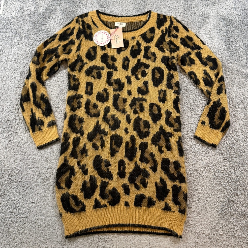 Umgee Sweater Dress Small S Leopard Print Tan Black Long Sleeve Crew Neck NWT